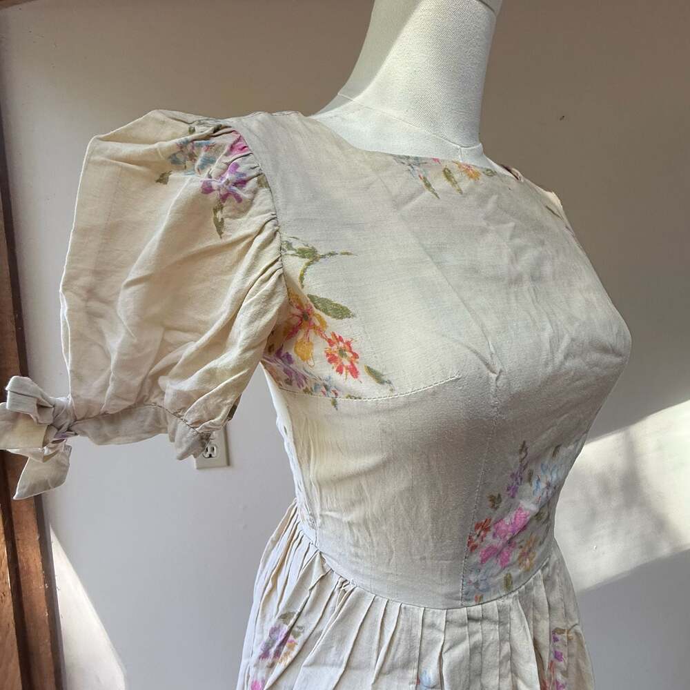 Vintage 1950s Puff Sleeve Floral Print Cotton Midi Day Dress - Picture 2 of 12